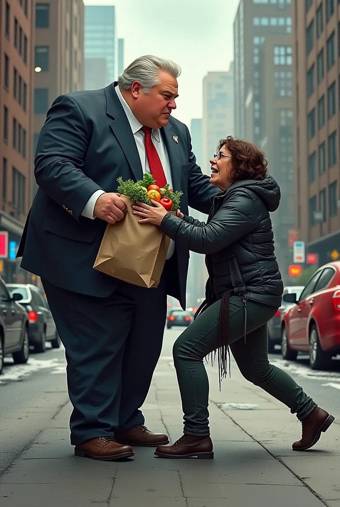 image of Doug Ford mayor of Toronto stealing food from a homeless woman. Toronto in the background. Doug Ford is obese. the homeless woman looks angry and is fighting to get her food back. she is pulling at the bag of groceries that Doug Ford is holding. Doug Ford has light grey-blonde hair that is slicked back and he is wearing a mayor suit. The homeless woman is wearing torn clothes and she looks dirty. The homeless woman is leaning back trying to pull her groceries away from Doug Ford.