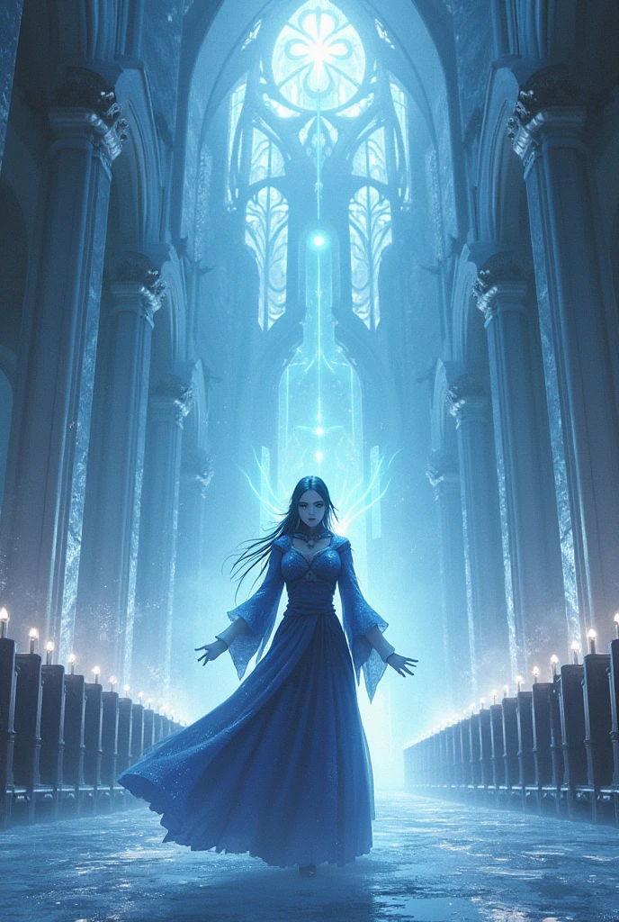 Japanese female mage in a huge hall of a cathédral. She is mad and the power is glowing in his eyes. The wall of the cathédral and all the prayer bench, the czndle and all the good décorations are frozen and sparkling White like diamond