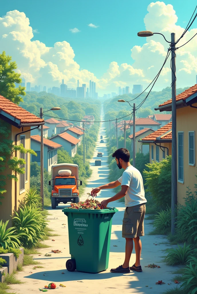 Generate a comprehensive panaflex of solid waste management in which different step are show i.e person throwing garbage in garbage bin outside house etc