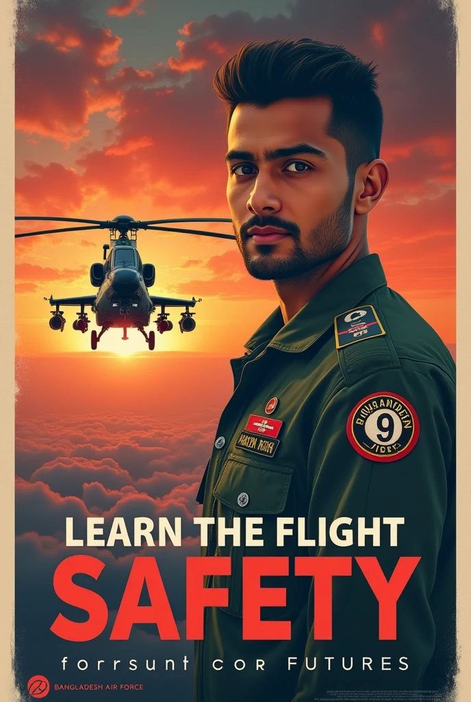 Make a poster of flight safety regarding LEARN FROM THE PAST, FLY TOWARDS THE FUTURE with the slogan in it for Bangladesh air force. Change the patches of the pilot, give a helicopter instead. Use 9 Squadron BAF patch with the pilot. Use a male character similar to my face. Dont keep any human in the poster