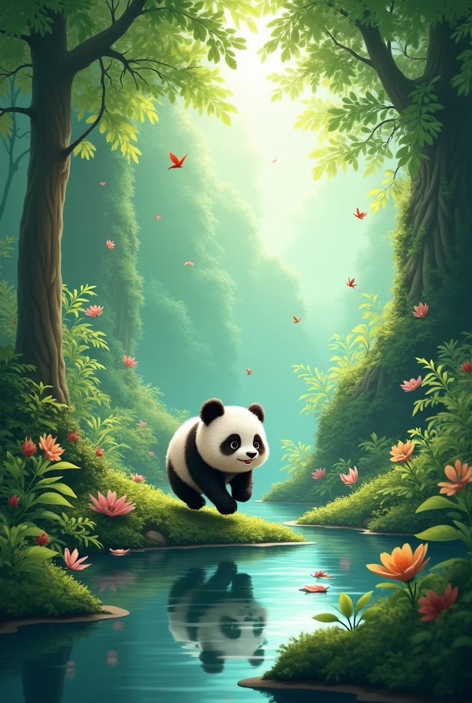 A dense forest where the birds are chirping, the leaves of the trees are gently swaying in the breeze. In the middle of the forest is a small pond, near which a little panda, Popo, is playing.