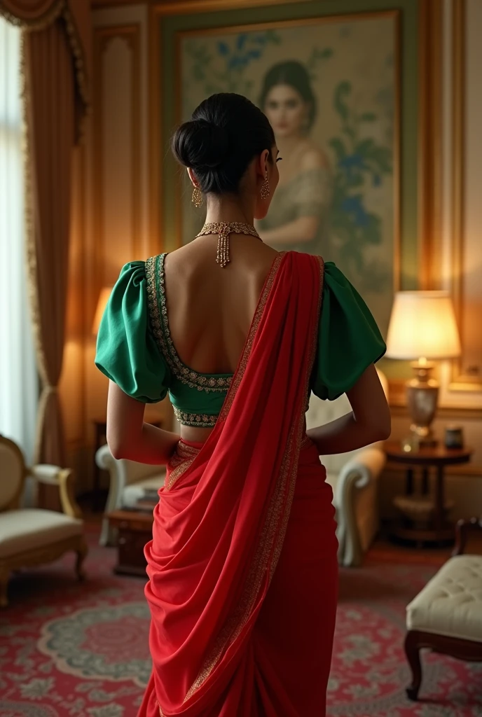  Indian woman Aishwarya Rai in green satin blouse red saree , tied hair bun, lifting a man above her shoulders, man is sitting on woman's shoulders, in a bedroom with high ceiling, woman is showing her back to the camera , full body image , close up 