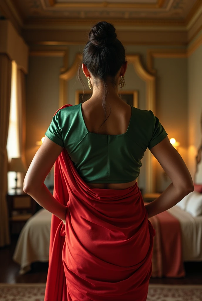 Indian woman Aishwarya Rai in green satin blouse red saree , tied hair bun, lifting a man above her shoulders, man is sitting on woman's shoulders, in a bedroom with high ceiling, woman is showing her back to the camera , full body image , close up