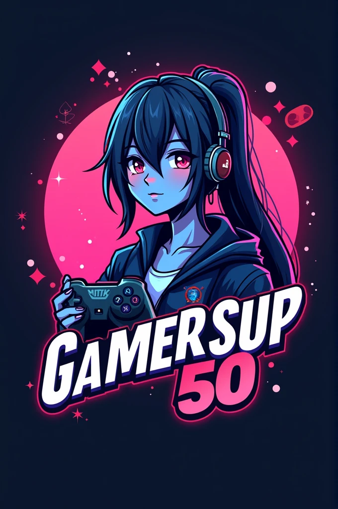 This is a gaming logo that features the name "GAMERSUP50" in a futuristic font and a pink blue color. and Girl Anime avtar, The logo also has a stylized controller icon and a YouTube play button in the background. The logo is designed to be attractive and eye-catching, and to appeal to gaming enthusiasts and YouTube viewers. I hope you like it.