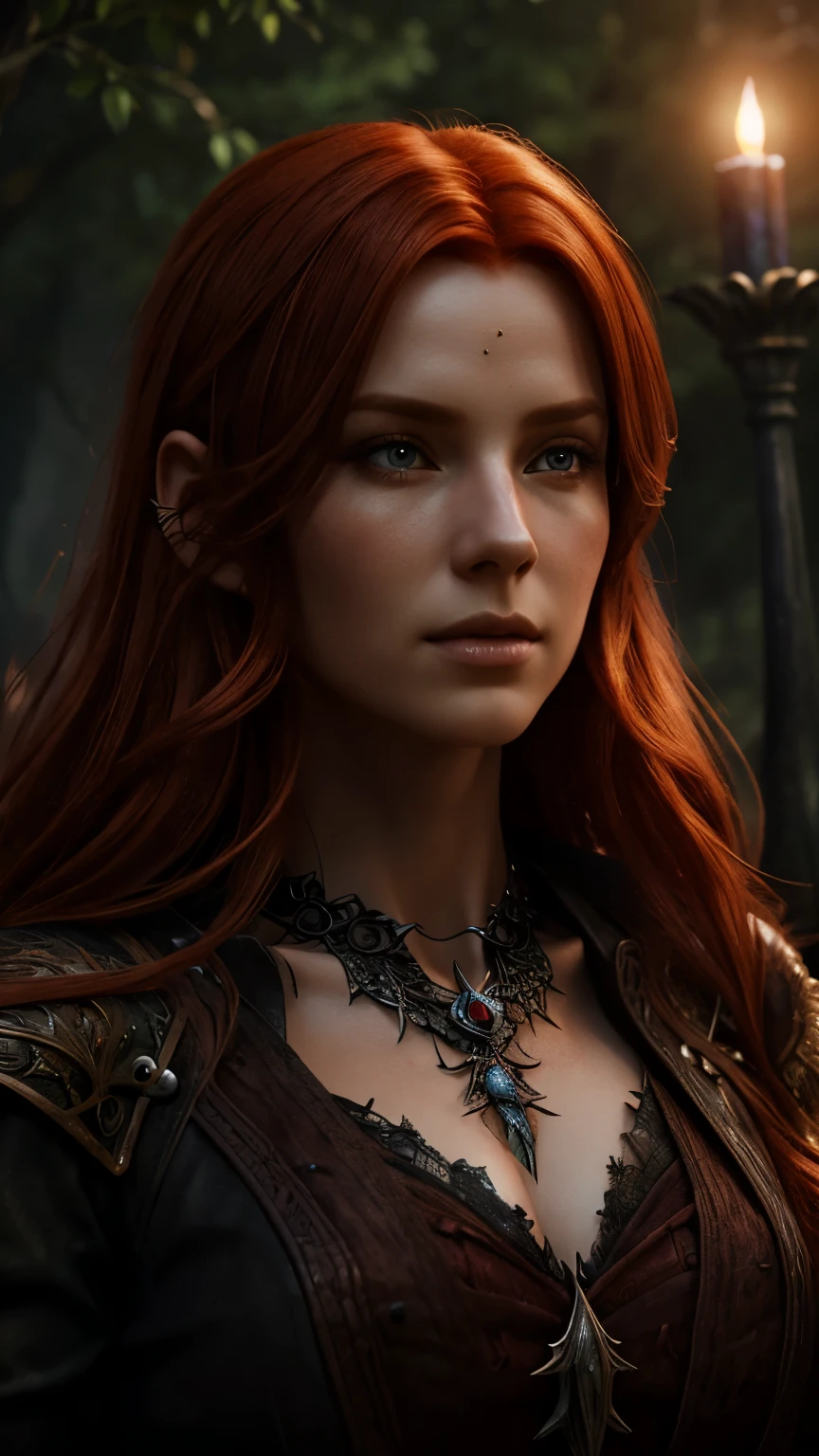 a beautiful reddish-haired witch, highly detailed portrait, fantasy rpg character, magical powers, intricate magical effects, dramatic lighting, cinematic composition, award-winning digital art, unreal engine, 8k, hyper realistic, masterpiece, photorealistic