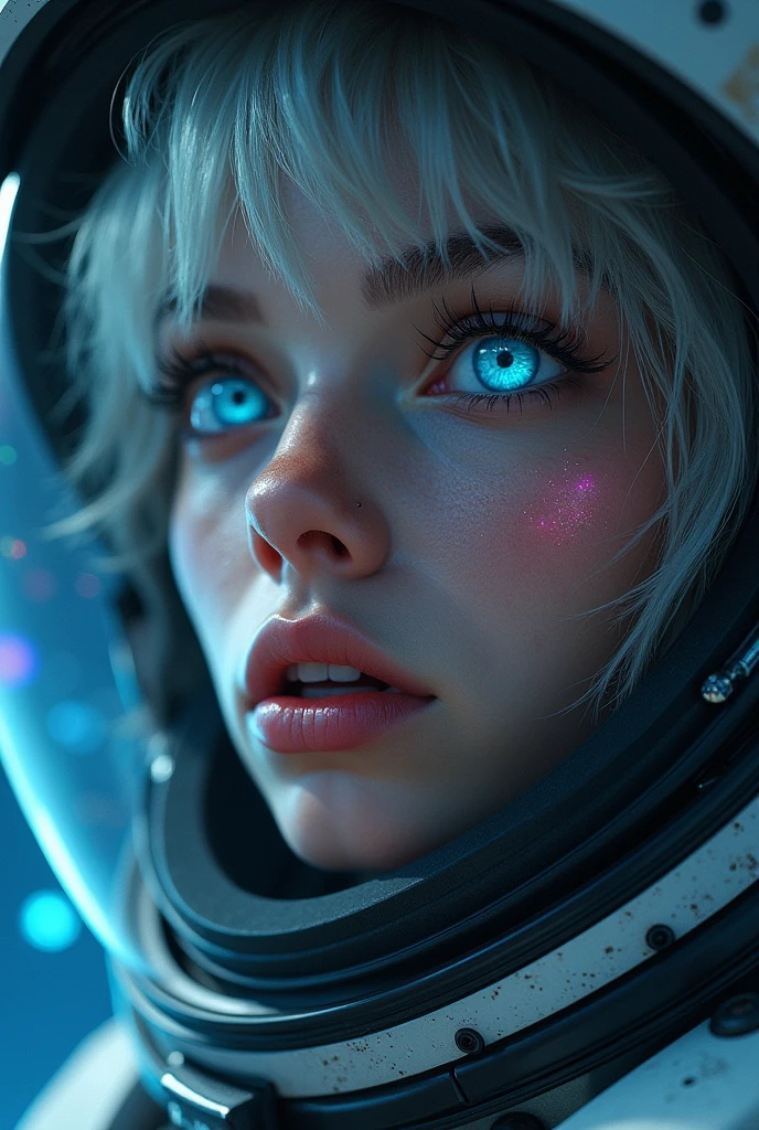 (Close-up of a better masterpiece:1.5)0.9], (Space and astronauts:1.2) (Messy silver hair:1.1) (Heterochromia xanthochromia and blue eyes:1.2) (Space Helmet:1.0) (Colored stars in the eyes:1.0) (A radiant glow:1.1) (thick lips:0.9)