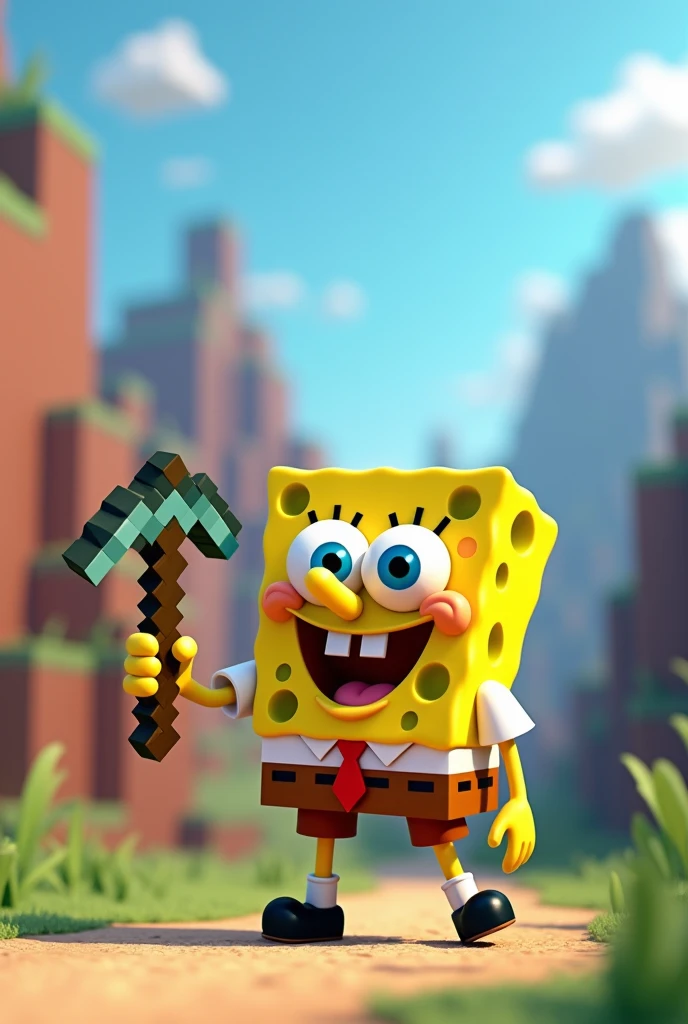 SpongeBob carrying a Minecraft pickaxe and have animated blocks and hills in the background