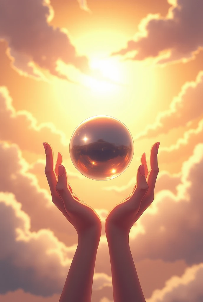 A metallic orb in the middle (It should not contain any reflection), (Two hands vertically under the orb). In the background a sky with clouds and sunny. anime