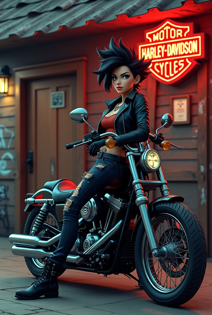 Rocker anime character with quiff and Harley Davidson in front of a bar