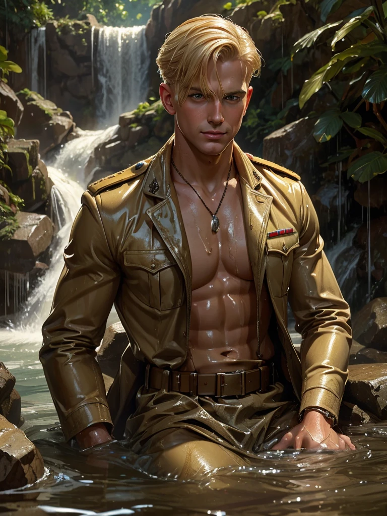 Illustration in the style of Leyendecker; First Sergeant, handsome blond 2 bathing in a waterfall. Wet hair. Wet skin. dog tags on his neck