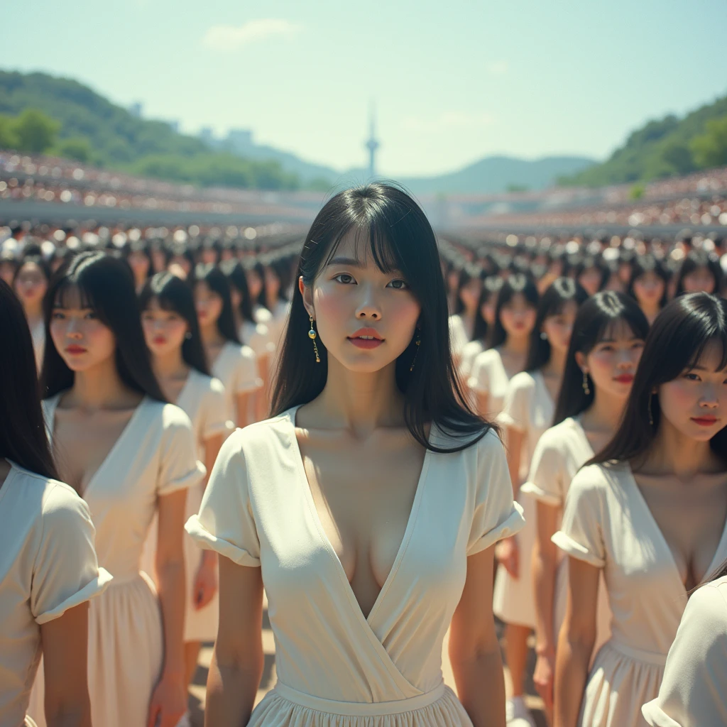(((((Japanese Clone girls=Myself)))))), (((Best Super High quality Myself Clone girls Raw Photography Art))), (16K, Highest quality, Ultra-high resolution, RAW Photos), (((It's so unrealistic., With unparalleled depiction, With an unfathomable sight, An unprecedented and shocking worldview, Clone girls in a world of mass reproduction, Ultra-realistic))), (((Japanese, woman, 20yo, Saito-Asuka))), (Small face, ((Thick black hair, Semi-long hair))), ((V-neck short-sleeve dress)), (((((Very detailed美しい女体, Accurate body structure, Very detailed完璧な, Super busty body with very large breasts, Clearly emphasizes cleavage))))), (((Dark Eyes, Mature face, Cute Smile, A gentle gaze))), (((Her happy and smiling expression is so cute))), ((((((((Very detailed分身増殖描写, ((1girl→Myself cloning→1,000,000,000,000,000,000,000,000,000,000,000,000,000,000,000,000,000,000,000,000Myself Clone girls)))))))))), ((((((((Very detailed, The precise depiction of the proliferation of Myself Clone girls, ((With the perfectly identical bodies of Myself clone girls, With the exact same face as the Myself clone girls, With the exact same hairstyle as the Myself clone girls, In the exact same clothes as the girls who are my clones, Perfectly the same height as the Myself clone girls, Super big breasts, just like the Myself clone girls)))))))))), (((Myself clone girls only))), (((Multiple pairs, Very detailed depiction, (Myself clone girls hug each other, Myself clone girls assemble, Fun conversations with fellow Myself clone girls, A fun conversation between Myself clone girls, Myself clone girls holding hands, Walking with lots of Myself clone girls)))), (((Everyone looks at the camera))), (((Unbelievably crowded, Transcendent Myself clone girls intimately, Countless Myself clone girls surround you in 360 degrees))), (Bright, soft sunlight), (((Very wide field of view, Very detailed, Detailed ultra-perspective depiction with clear depth, super wide top view))), (((((Where there is a curved slope))))), (((Very photographic and detailed depiction, Myself clone girls will multiply infinitely and fill the surroundings from one side to the horizon with their bodies tightly packed together without any gaps., A scene of endless Myself clone girls and a fun atmosphere))), (Focus on the average value of the image)