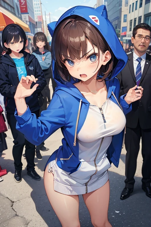 (blue naked hoodie)、short hair、Zip-up、nice、Show off her breasts、Brown Hair、Big Breasts、((Very good))、Milk Crush、city、city内、crowd、Attention、Pussy、Pussy、Lower body naked、Outdoor masturbation、Like before、Pussy汁、Shove your hands into your pockets、Broken、((Open your mouth and get angry))、(Molester)、Double teeth、Being touched by someone、((Men gather))、(Angry)
