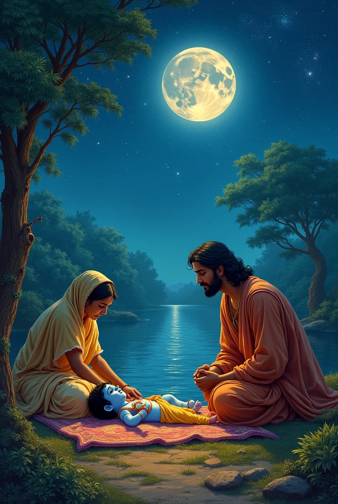 A serene night scene in ancient India where the moon shines brightly, and the alignment of the stars indicates the birth of Lord Krishna under the Rohini Nakshatra, with the significance of the Brahma Purana reflected.