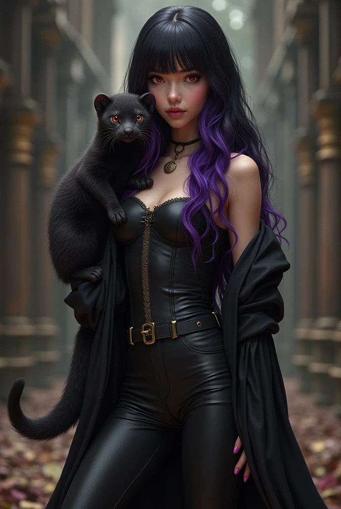 twenty year old woman,long black wavy hair,purple fringe,Eyes red,black leagwear,with a black-coated ferret,brown eyes on the neck,medieval times.