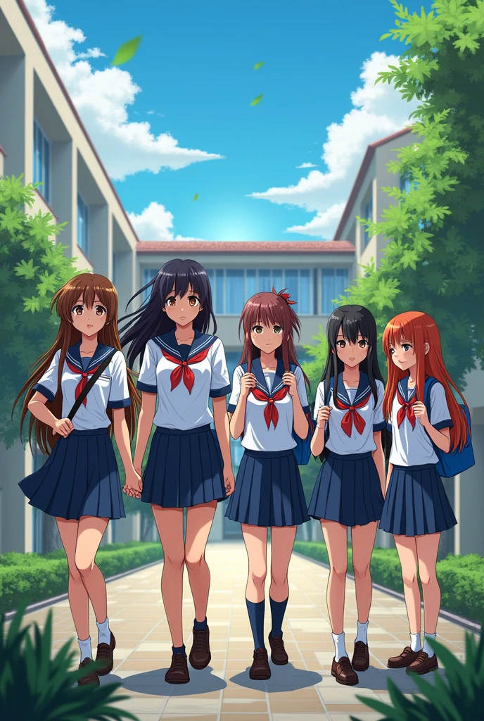 Group of students from a Uruguayan high school in anime or manga style