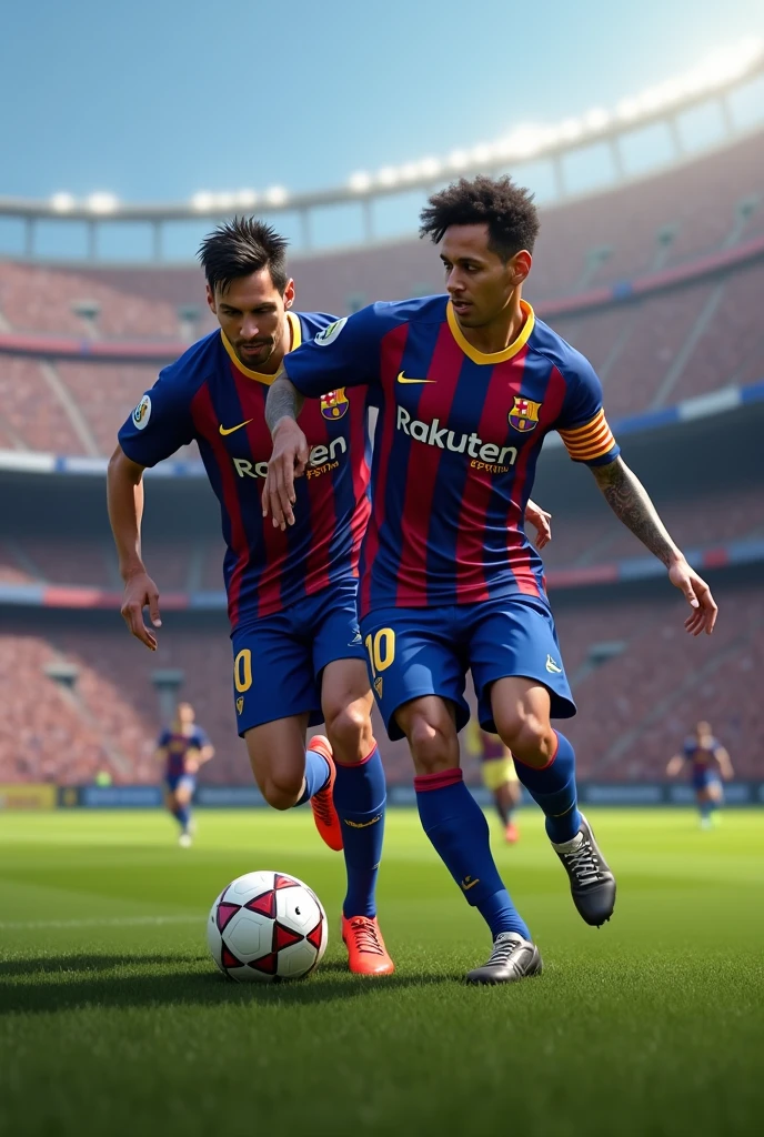 I want you to make me an image of Messi and Neymar controlling the soccer ball at Barcelona 2015