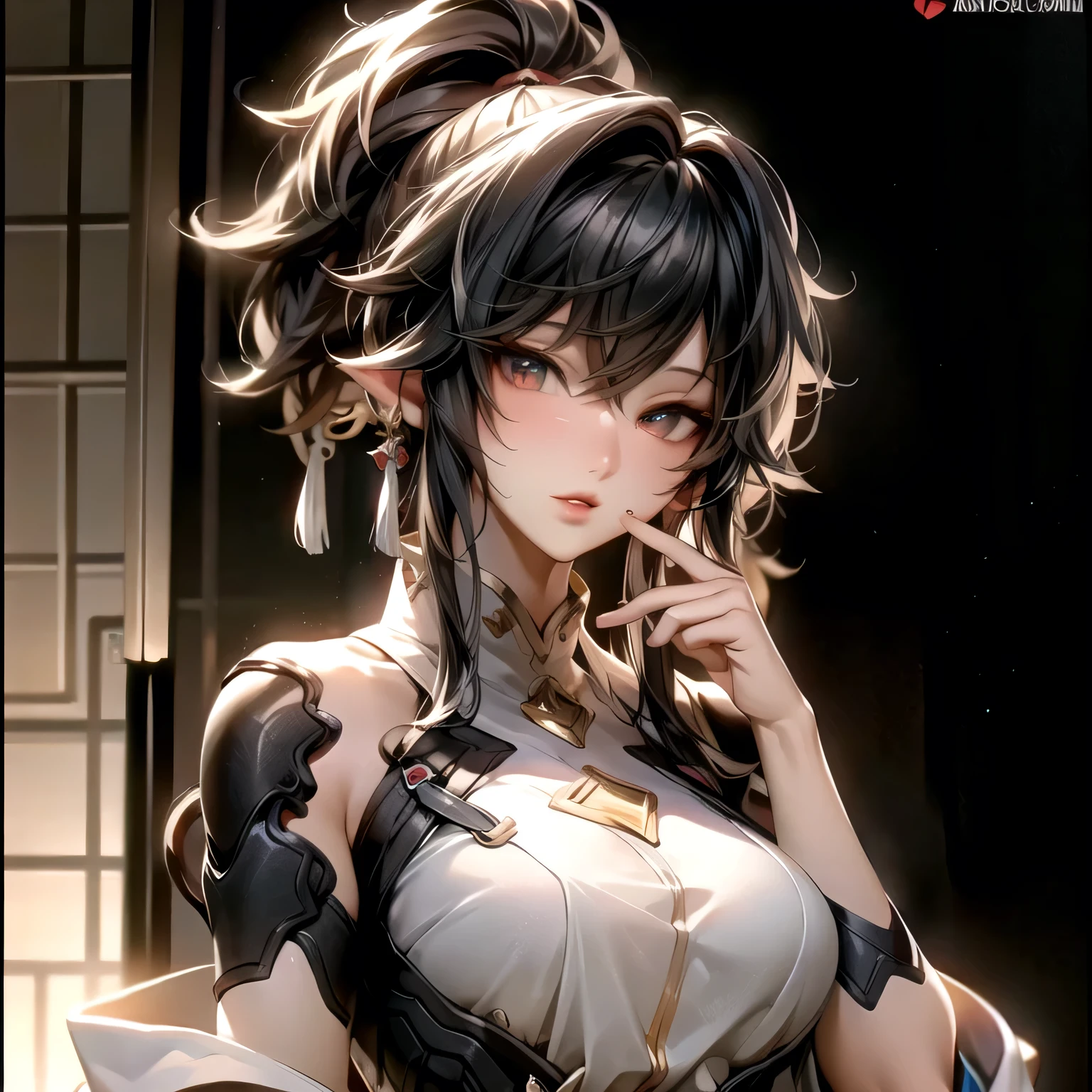 (best quality)), ((Masterpiece)), (details:1.4), 3d, HDR (high dynamic range), an image of a beautiful cyberpunk female, Black hair, High ponytail, Golden eyes, จมูกโด่ง, ปากแดง, หน้าอกใหญ่, nvidia RTX, PBR surface, After processing, Anisotropic filtration,depth of field, Maximum clarity and clarity, multi-layered surface, Subsurface scattering, perfect proportions, 8K raw files, ultra detailed, Perfect proportions, volumetric lighting, soft lighting, Holy Templar, Heavy Red Armor, glossy skin, castle background, jewely, ต่างหู, นิ้วมือสมบูรณ์,