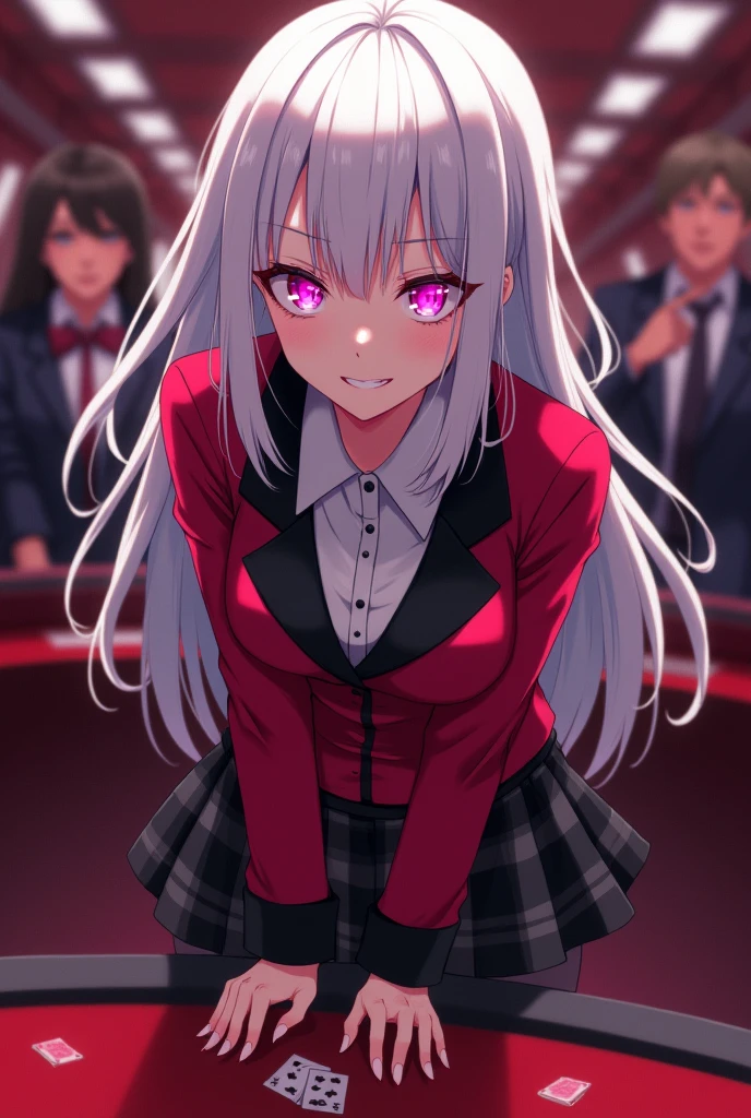 Kakegurui female character: White hair, hot pink eyes, lips and nails. Her eyes are hot pink and have big white sparkles. She also wears She wears the standard uniform issued to female students at Hyakkaou Private Academy: a red blazer with black trim lining the cuffs and collar, white button-up dress shirt and black cross tie, a black and grey checkered mini skirt, black tights, and brown loafers.. She's gambling with a creepy smile.