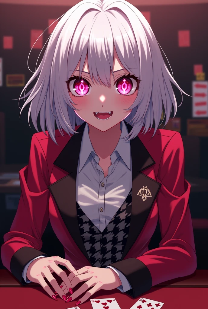 Kakegurui female character: White hair, hot pink eyes, lips and nails. Her eyes are hot pink and have big white sparkles. She also wears She wears the standard uniform issued to female students at Hyakkaou Private Academy: a red blazer with black trim lining the cuffs and collar, white button-up dress shirt and black cross tie, a black and grey checkered mini skirt, black tights, and brown loafers.. She's gambling with a creepy smile.