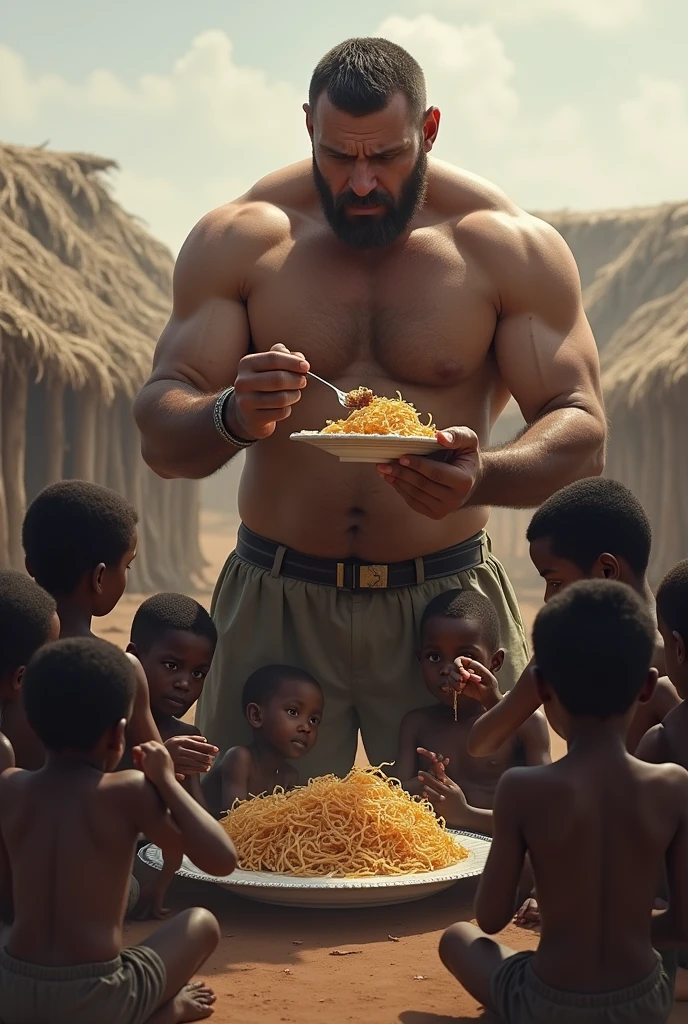 muscular selfish light-skinned man eating around african hungry kids that have no food