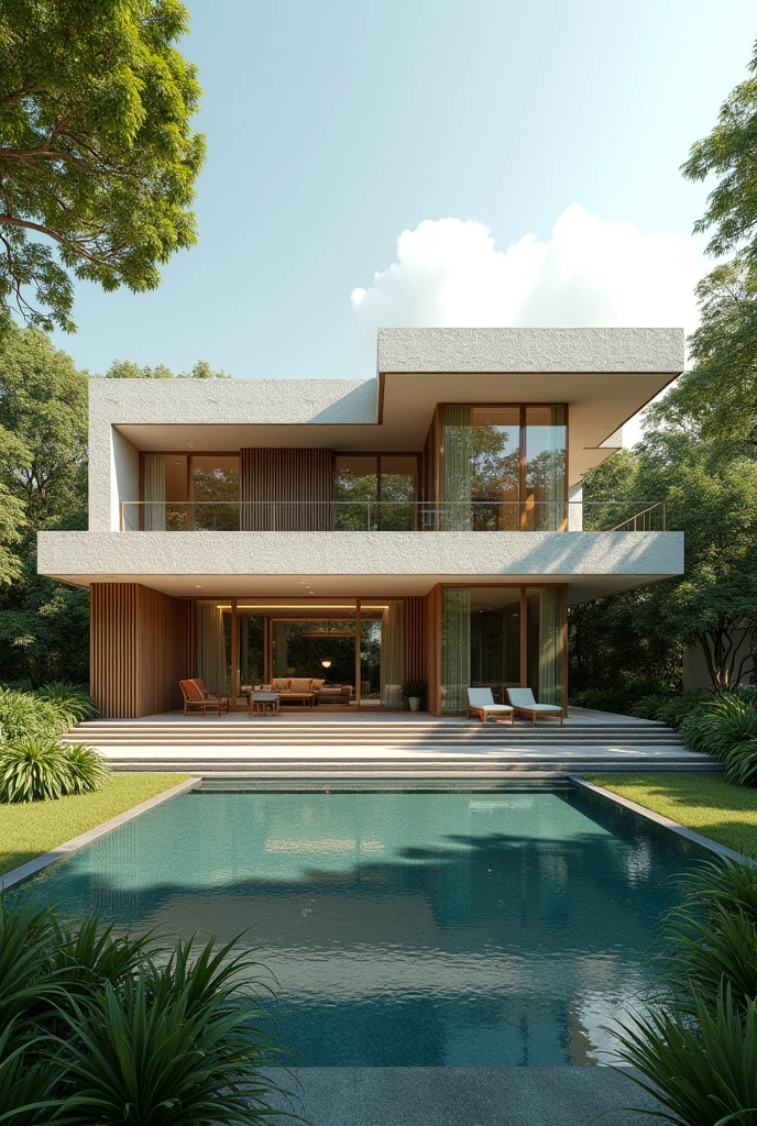 House with horizontal composition, with fine tiles and large windows. a plant