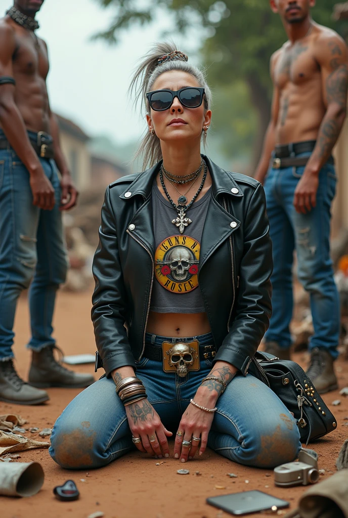 russian milf woman, grey hair (pouf, and top bun and shaved sides) and oversized square maxi sunglasses as bandana, with very light blue eyes, extremely pale. Wearing aged black moto jacket with lots of zippers and pins, aged dark grey cropped t-shirt with guns and roses logo , skinny blue jeans with holes in knees and dirty white tennis sneakers. Dirty knees and dusty hands. Lots of metallic bracelets, lots of boho pendants and lots of colourful beads collars. Tacky wide studded leather belt with oversized skull and bones buckle. Long bohemian earrings with colourful feathers. Kneeling like in a payer, chin up stretching her neck , humble facial expression. Hands on her knees, showing off bracelets and rings. studded black leather tote bag with chains on the floor, next to her.. Listening in amazement to somebody speaking to her, well toned abdominals, thin neck, slim legs and thin arms. Tattoed heavily on chest and hands. Dirt street in Kenian village full of waste. A lot of tanned shirtless fat men in jeans around looking at her. next to her, all her belongings scattered on the floor: makeup kit, little makeup mirror, studded black leather tote bag, lipstick, wallet, moble etc on the floor