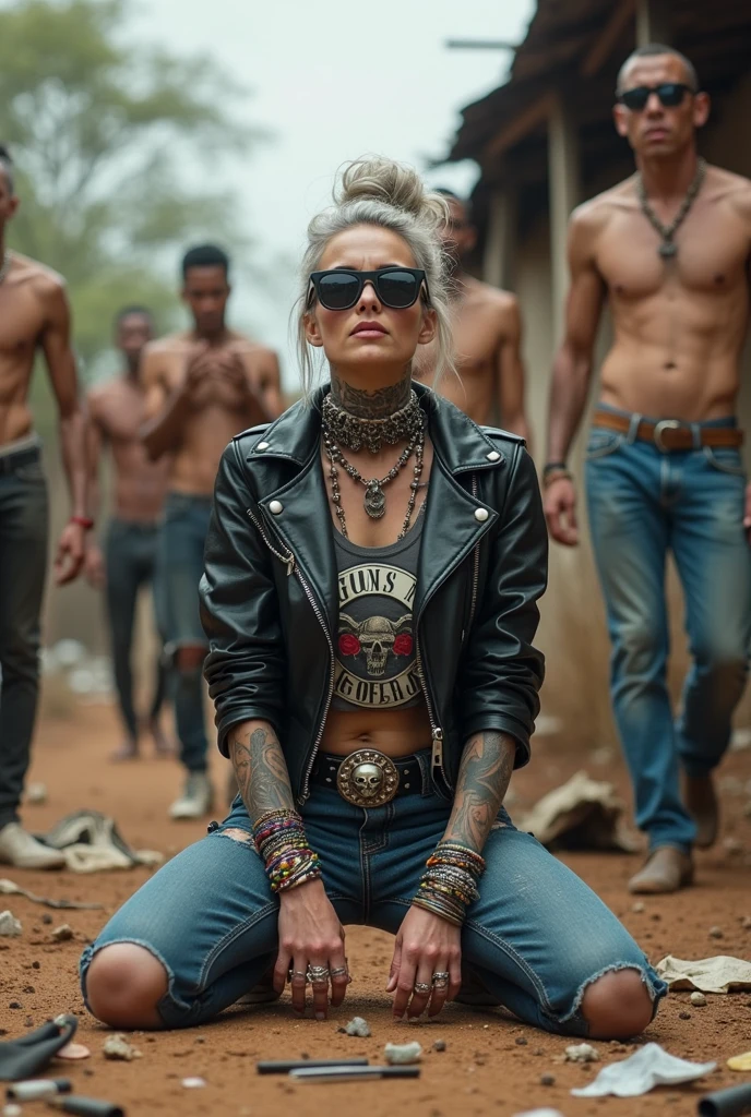 russian milf woman, grey hair (pouf, and top bun and shaved sides) and oversized square maxi sunglasses as bandana, with very light blue eyes, extremely pale. Wearing aged black moto jacket with lots of zippers and pins, aged dark grey cropped t-shirt with guns and roses logo  , skinny blue jeans with holes in knees and dirty white tennis sneakers. Dirty knees and dusty hands. Lots of metallic bracelets, lots of boho pendants and lots of colourful beads collars. Tacky wide studded leather belt with oversized skull and bones buckle. Long bohemian earrings with colourful feathers. Kneeling like in a payer, chin up stretching her neck , humble facial expression. Hands on her knees, showing off bracelets and rings. studded black leather tote bag with chains on the floor, next to her..  Listening in amazement to somebody speaking to her, well toned abdominals, thin neck, slim legs and thin arms. Tattoed heavily on chest and hands.  Dirt street in Kenian village full of waste. A lot of tanned shirtless fat men in jeans around looking at her. next to her, all her belongings scattered on the floor: makeup kit, little makeup mirror, studded black leather tote bag, lipstick, wallet, moble etc on the floor