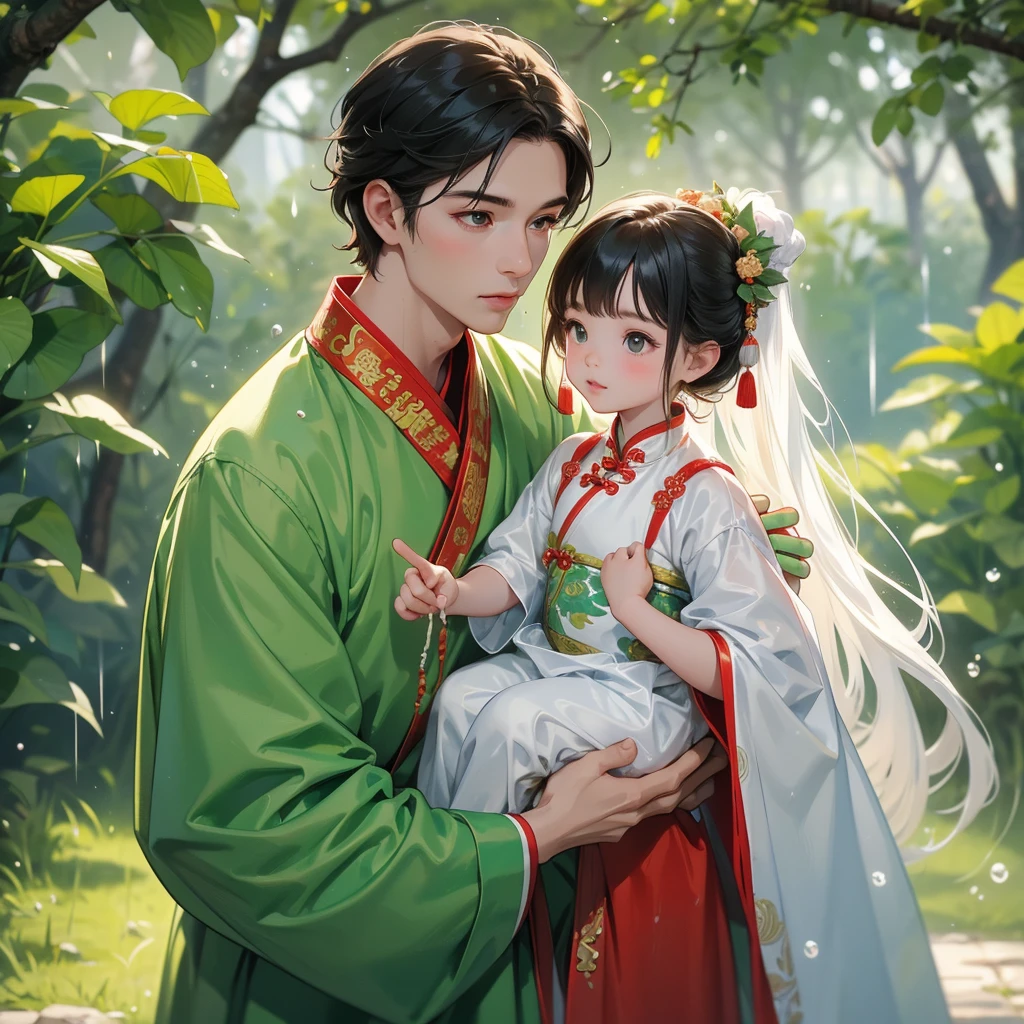 A -yead bab an ancient Chinese baby costume wiis beautiful mother, dressed in an white ancient Chinese costume, playing with each other, with his handsome father standing next to his mother, close up.

Background is trees, vegetables, lush green, with water drops after rain, with water droplets everywhere, green