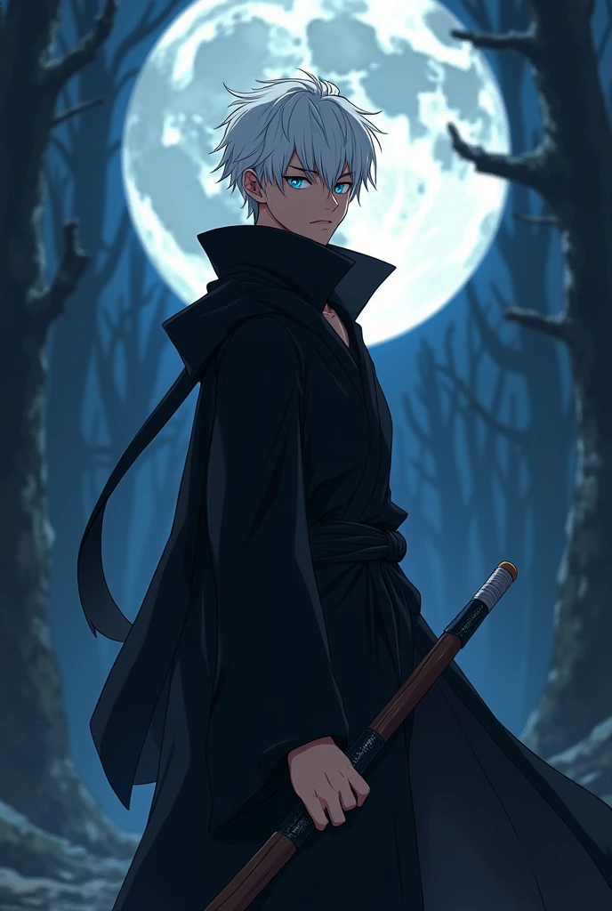Make a handsome ninja in black robe, short white hair ,blue eyed, dengan style anime