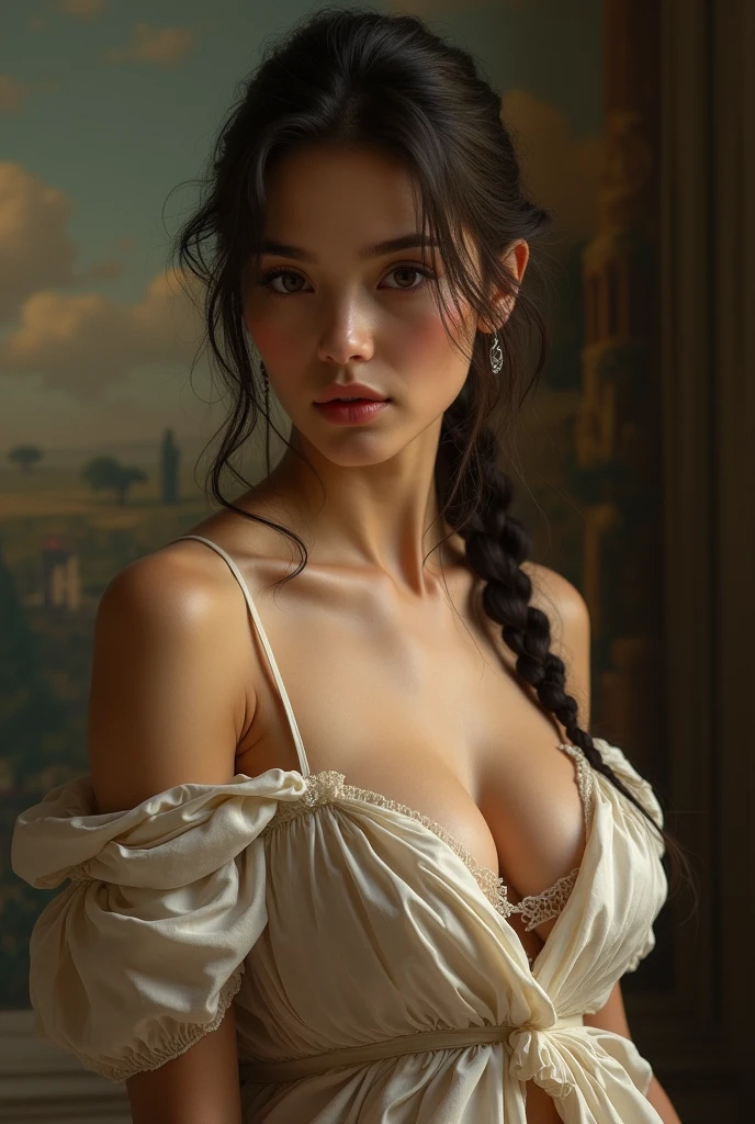 (photorealism:1.2)

It represents a woman in Renaissance style., similar to the angels in the paintings of that time. She must be showing her bust, with a seductive but also mysterious expression. The woman is wearing little clothing, but with a subtle elegance, using drapes and light fabrics that suggest and reveal too much,the breast is visible, pesones,sexual. The lighting is soft, with a focus on highlighting the curves of her figure and her captivating look. The background should be a diffuse landscape or a classic interior, with an environment that complements the atmosphere of mystery and seduction. Use a soft and warm color palette, and make sure the art style reflects the precision and richness of detail typical of the Renaissance.