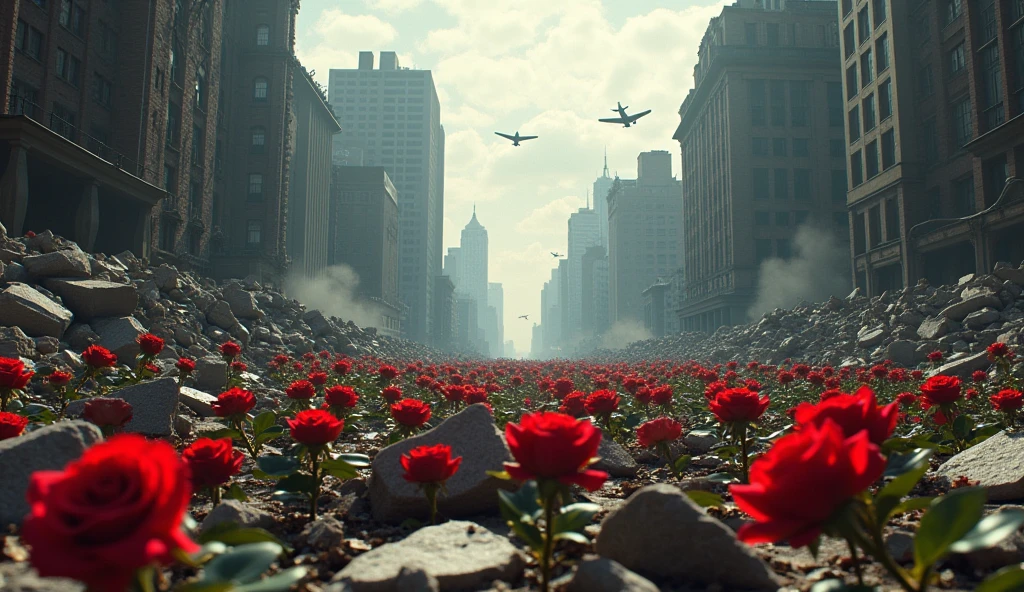 1945; (masterpiece, best quality) destroyed city (New York) roses on the floor; war planes flying over the city, dropping bombs.