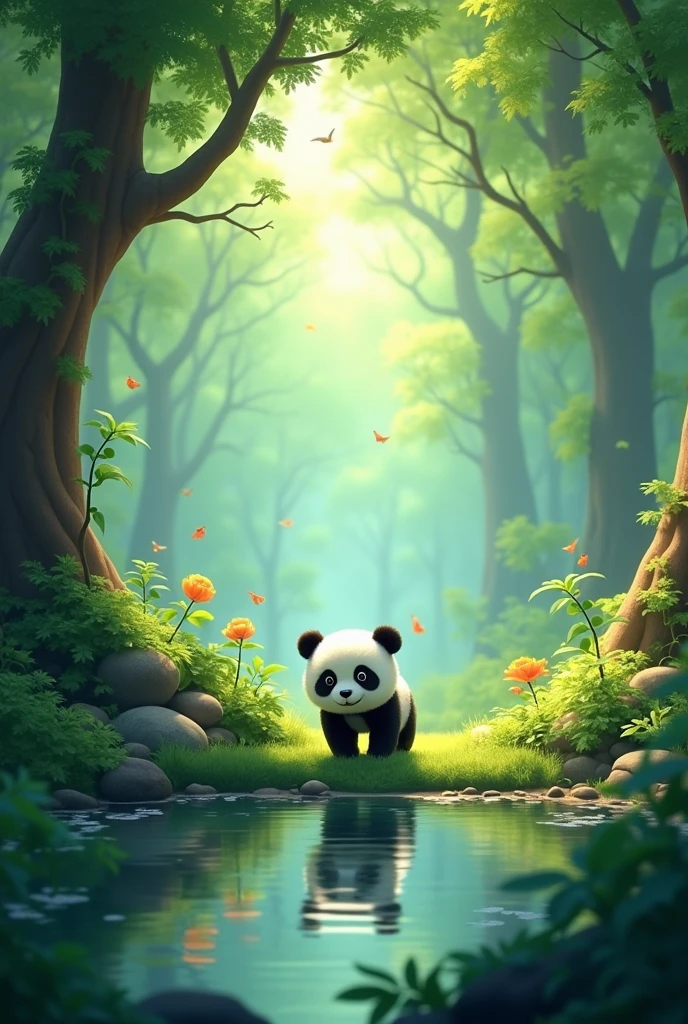 A dense forest where the birds are chirping, the leaves of the trees are gently swaying in the breeze. In the middle of the forest is a small pond, near which a little panda, Popo, is playing.