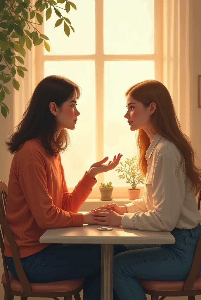 Two individuals engaging in a calm and compassionate conversation, with a focus on mutual respect and understanding