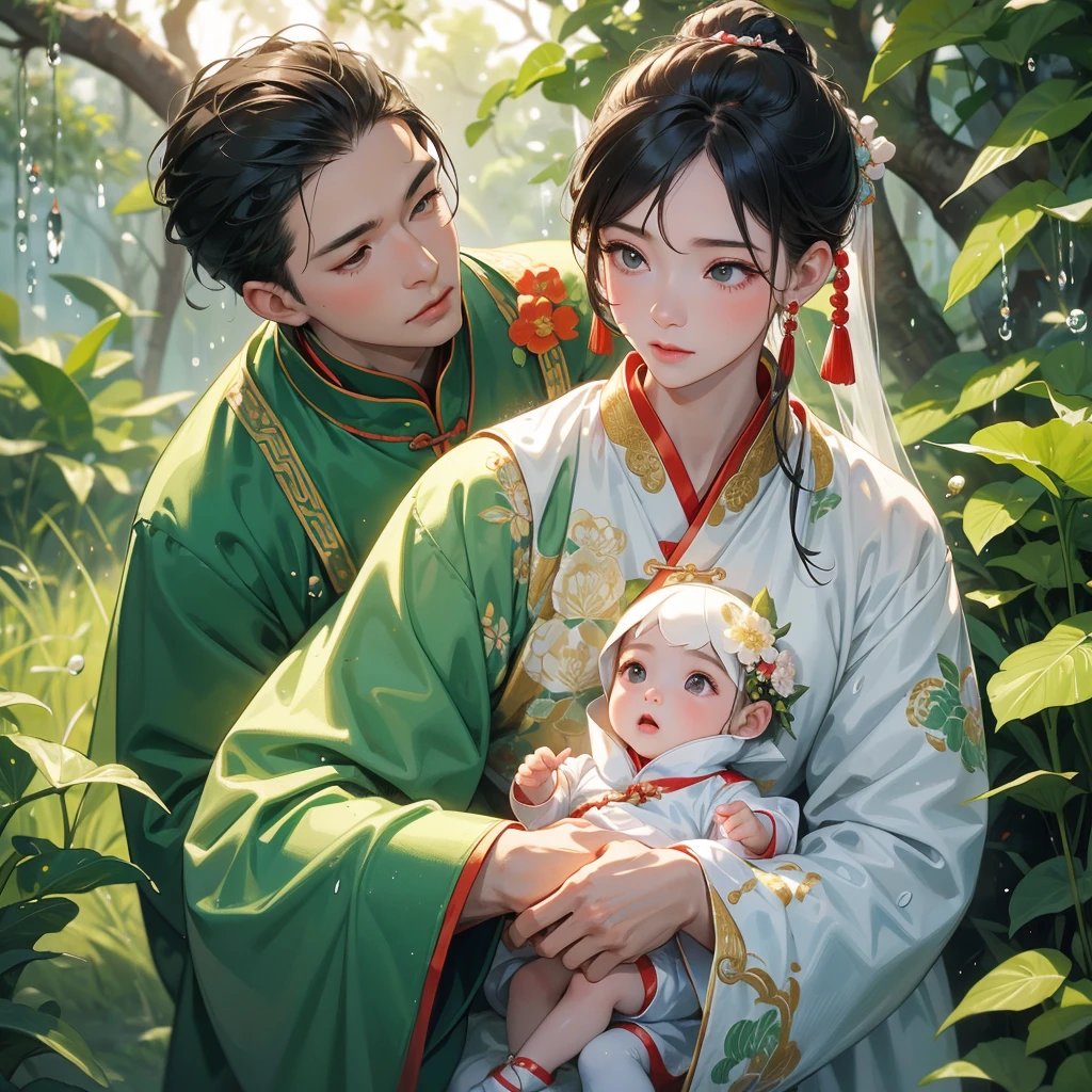 A one-year-old baby boy in an ancient Chinese baby costume with his beautiful mother, dressed in an white ancient Chinese costume, playing with each other, with his handsome father standing next to his mother, close up.
Background is trees, vegetables, lush green, with water drops after rain, with water droplets everywhere, green