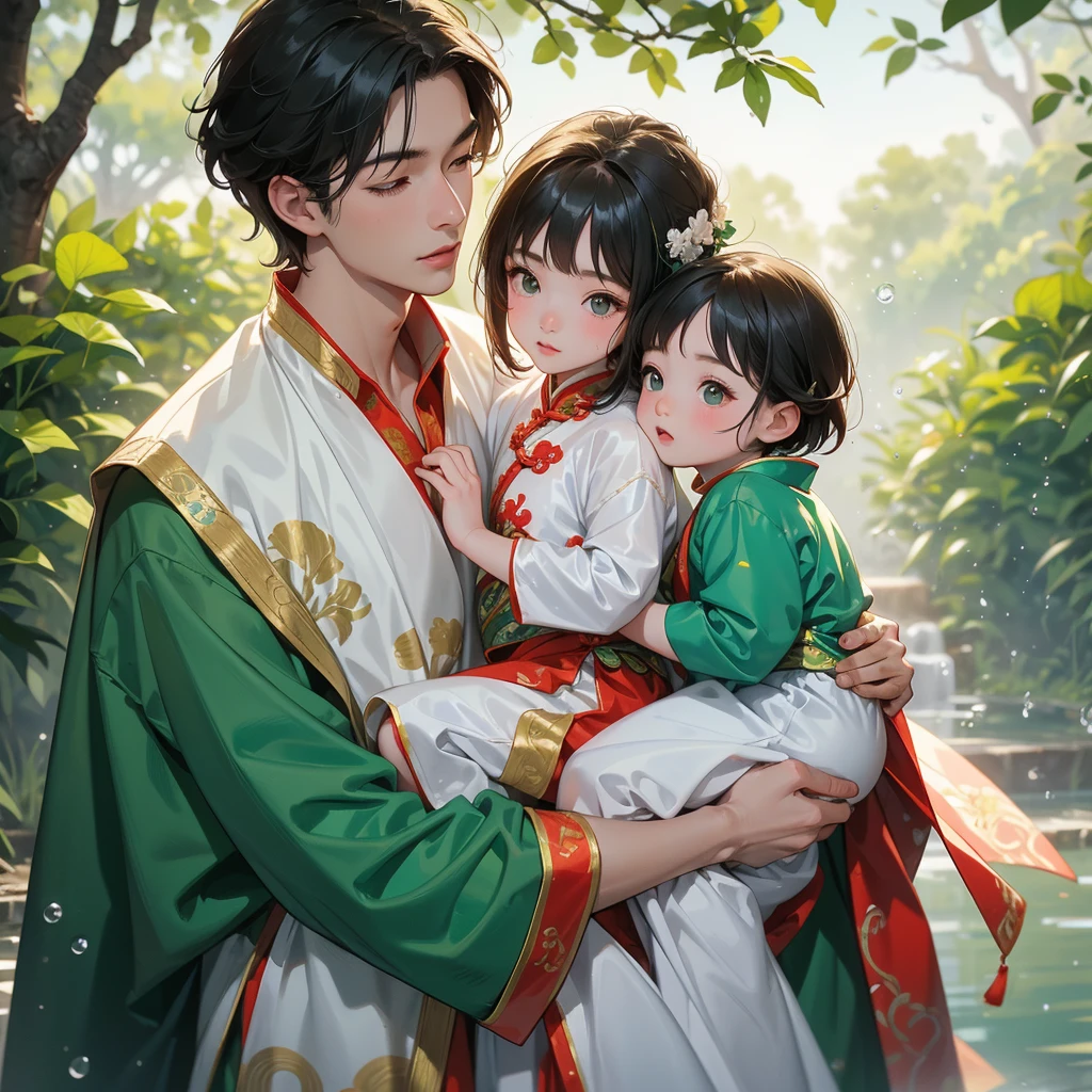 A one-year-old baby boy in an ancient Chinese baby costume with his beautiful mother, dressed in an white ancient Chinese costume, playing with each other, with his handsome father standing next to his mother, close up.

Background is trees, vegetables, lush green, with water drops after rain, with water droplets everywhere, green
