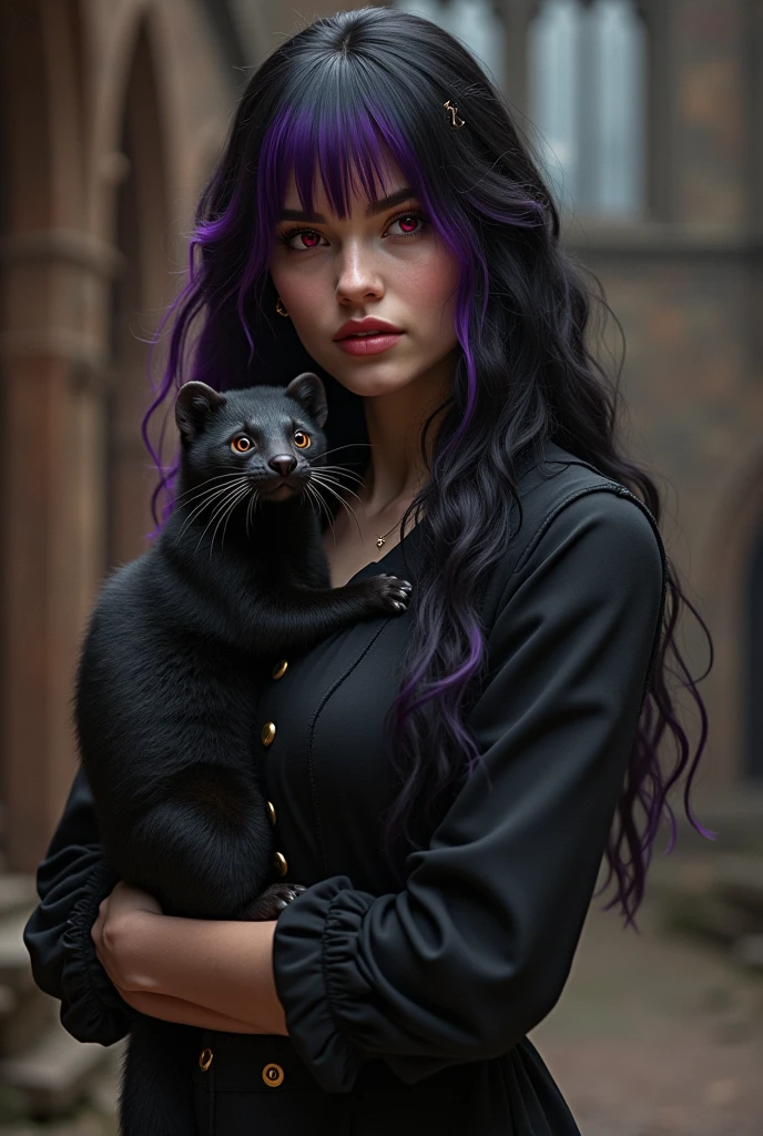 twenty year old woman,long black wavy hair,purple fringe,Eyes red,black leagwear,with a black-coated ferret,brown eyes on the neck,medieval times.