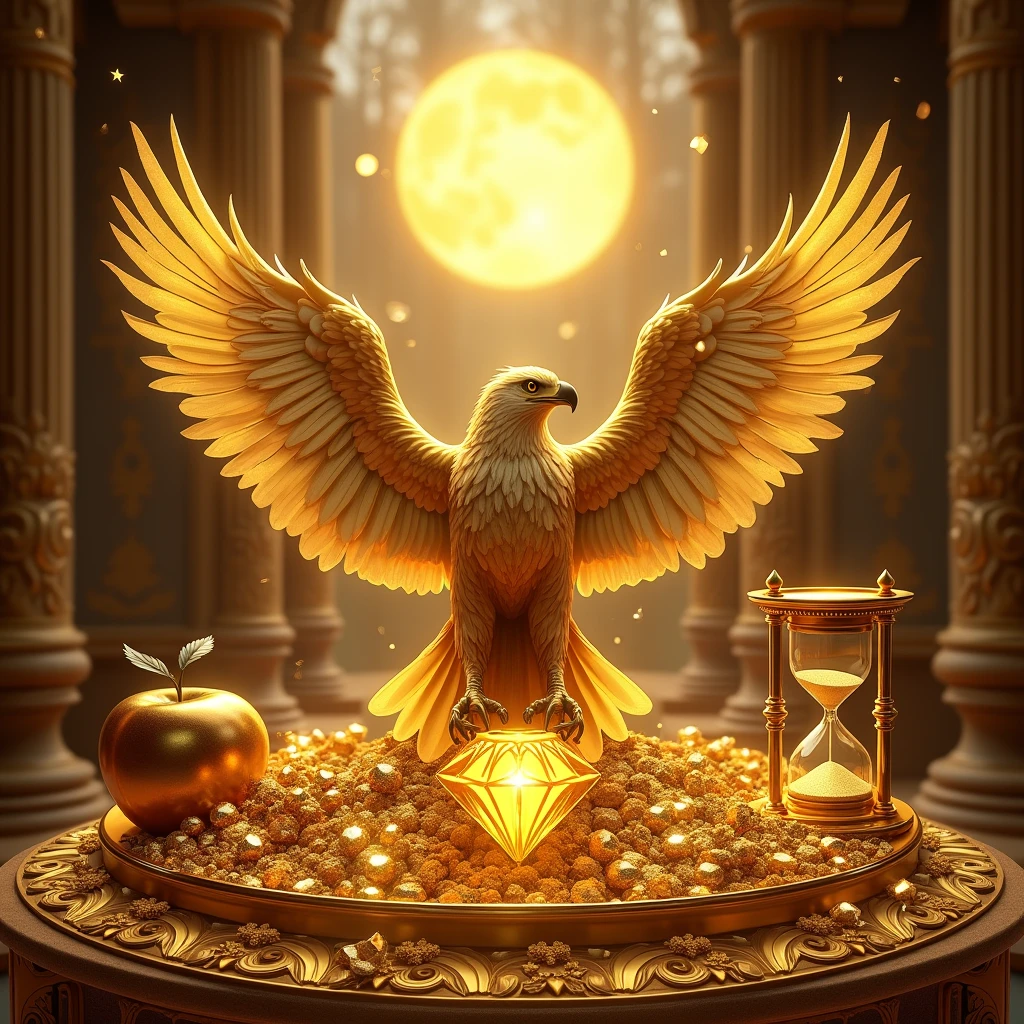 Generate an archetypal image featuring a golden eagle, a shining sun, a golden apple, a golden diamond, a compass, and an hourglass, all floating in a luxurious setting. The golden apple and golden diamond should be the color of gold, matching the richness of real gold. The background should include a lavish and opulent scene with elements like ornate architecture, rich textures, and elegant decor, emphasizing prosperity and grandeur. Ensure the image uses warm and radiant tones, with no black, as it symbolizes loss