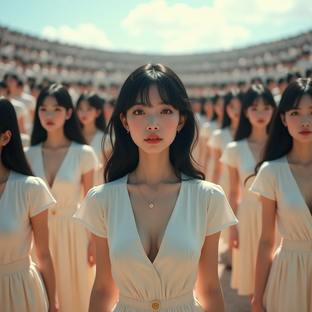 (((((Japanese Clone girls=Myself)))))), (((Best Super High quality Myself Clone girls Raw Photography Art))), (16K, Highest quality, Ultra-high resolution, RAW Photos), (((It's so unrealistic., With unparalleled depiction, With an unfathomable sight, An unprecedented and shocking worldview, Clone girls in a world of mass reproduction, Ultra-realistic))), (((Japanese, woman, 20yo, Saito-Asuka))), (Small face, ((Thick black hair, Semi-long hair))), ((V-neck short-sleeve dress)), (((((Very detailed美しい女体, Accurate body structure, Very detailed完璧な, Super busty body with very large breasts, Clearly emphasizes cleavage))))), (((Dark Eyes, Mature face, Cute Smile, A gentle gaze))), (((Her happy and smiling expression is so cute))), ((((((((Very detailed分身増殖描写, ((1girl→Myself cloning→1,000,000,000,000,000,000,000,000,000,000,000,000,000,000,000,000,000,000,000,000Myself Clone girls)))))))))), ((((((((Very detailed, The precise depiction of the proliferation of Myself Clone girls, ((With the perfectly identical bodies of Myself clone girls, With the exact same face as the Myself clone girls, With the exact same hairstyle as the Myself clone girls, In the exact same clothes as the girls who are my clones, Perfectly the same height as the Myself clone girls, Super big breasts, just like the Myself clone girls)))))))))), (((Myself clone girls only))), (((Multiple pairs, Very detailed depiction, (Myself clone girls hug each other, Myself clone girls assemble, Fun conversations with fellow Myself clone girls, A fun conversation between Myself clone girls, Myself clone girls holding hands, Walking with lots of Myself clone girls)))), (((Everyone looks at the camera))), (((Unbelievably crowded, Transcendent Myself clone girls intimately, Countless Myself clone girls surround you in 360 degrees))), (Bright, soft sunlight), (((Very wide field of view, Very detailed, Detailed ultra-perspective depiction with clear depth, super wide top view))), (((((Where there is a curved slope))))), (((Very photographic and detailed depiction, Myself clone girls will multiply infinitely and fill the surroundings from one side to the horizon with their bodies tightly packed together without any gaps., A scene of endless Myself clone girls and a fun atmosphere))), (Focus on the average value of the image)