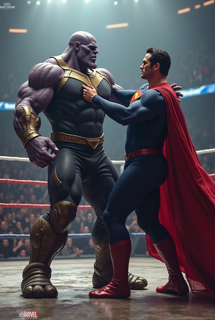 Superman are kick thanos and place in the ring. Make it realistically