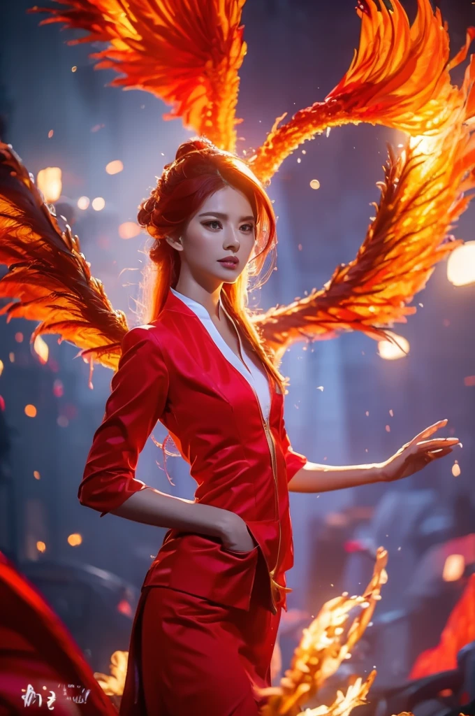 Masterpiece:1.2, best quality, 8k, UHD, high detailed, portrait, hyperrealistic, cinematic light, one 20s woman, airasia flight attendant uniform, slim and perfect figure, perfect body proportions, beautiful, pretty, digital art, light and shadow, long hair, red suit, red skirt, upper body shot, fire, phoenix, the woman formed from fire phoenix:1.4, fire dress:1.4, fire hair:1.4, fire phoenix:1.4, blue highlight, dark background, smoke background, fire phoenix wings:1.4, fire phoenix tail:1.4, fire, resurrection:1.4