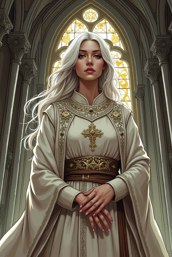 traditional comic art. d&d, clergywoman, White hair