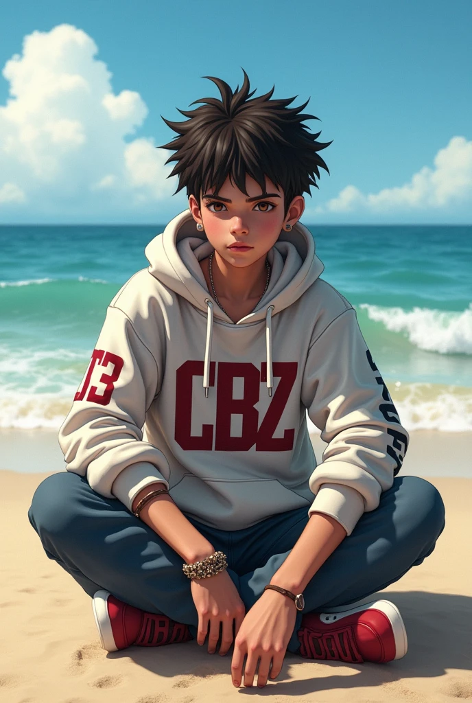 A young gangster wearing CBZ hoody sitting on the beach
