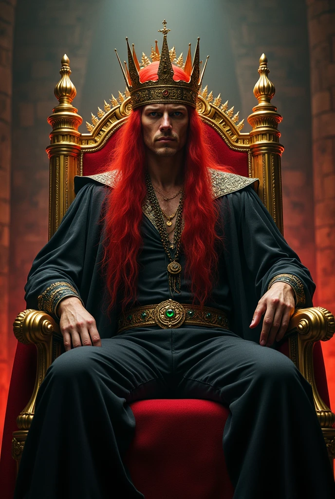 Create a handsome king of hell with long red hair sitting on his throne with a golden crown