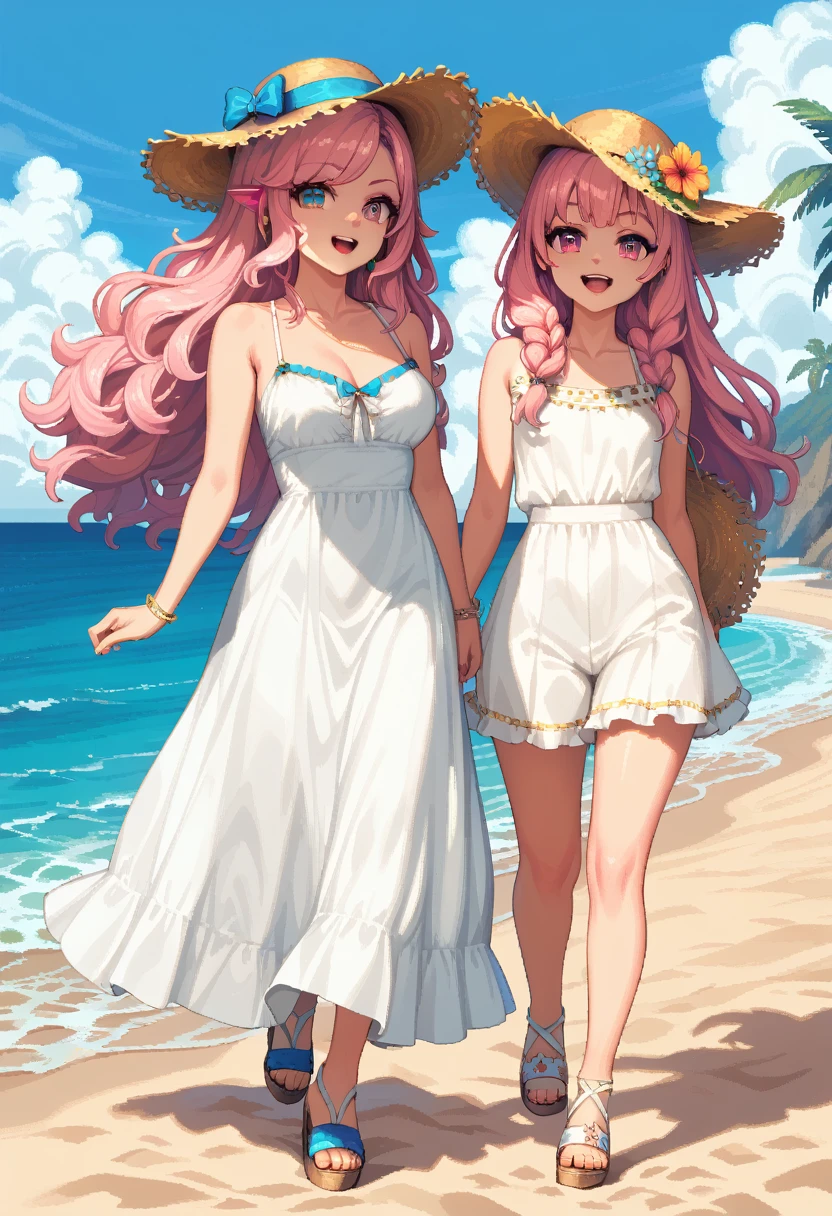 masterpiece, Highest quality, 8k, \(Beautiful pixel art, Vivid, Highest quality\), \((One person)), A sheep next to me:1.3, (young woman, Open your mouth, Fluffy hair, Long Hair, Hair like sheep's hair, Pink Hair, eyebrow, 太いeyebrow, White dress, Straw hat, High heel sandals\), (Highest quality:1.0), (\Seaside, Walking on the beach, evening\)