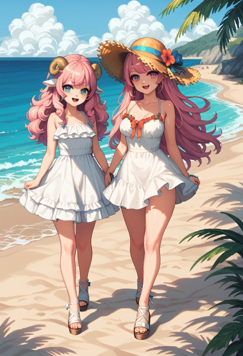 masterpiece, Highest quality, 8k, \(Beautiful pixel art, Vivid, Highest quality\), \((One person)), A sheep next to me:1.3, (young woman, Open your mouth, Fluffy hair, Long Hair, Hair like sheep's hair, Pink Hair, eyebrow, 太いeyebrow, White dress, Straw hat, High heel sandals\), (Highest quality:1.0), (\Seaside, Walking on the beach, evening\)