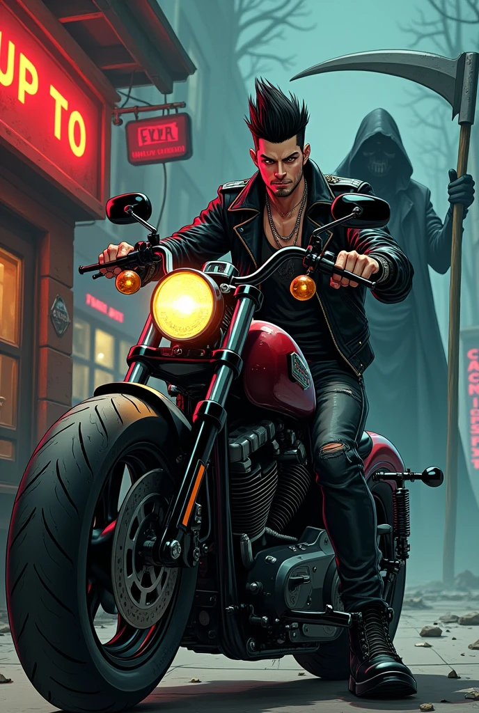 Male rocker anime character with pompadour and a Harley Davidson in front of a bar and Death with a scythe