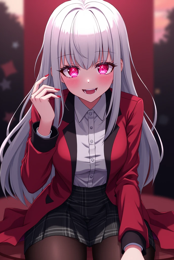 Kakegurui female character: White hair, hot pink eyes, lips and nails. Her eyes are hot pink and have big white sparkles. She also wears She wears the standard uniform issued to female students at Hyakkaou Private Academy: a red blazer with black trim lining the cuffs and collar, white button-up dress shirt and black cross tie, a black and grey checkered mini skirt, black tights, and brown loafers.. She's gambling with a creepy smile.