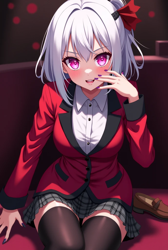 Kakegurui female character: White hair, hot pink eyes, lips and nails. Her eyes are hot pink and have big white sparkles. She also wears She wears the standard uniform issued to female students at Hyakkaou Private Academy: a red blazer with black trim lining the cuffs and collar, white button-up dress shirt and black cross tie, a black and grey checkered mini skirt, black tights, and brown loafers.. She's gambling with a creepy smile.