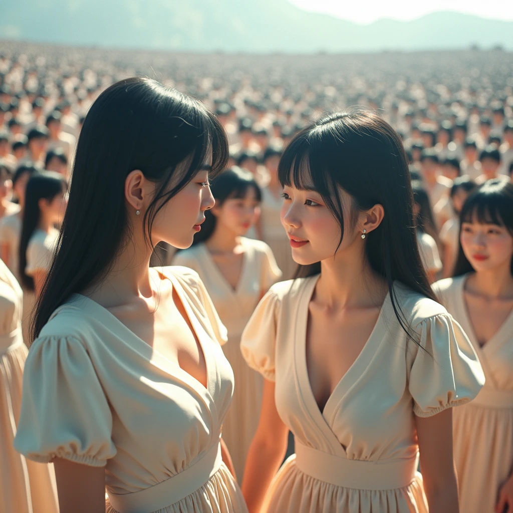(((((Japanese Clone girls=Myself)))))), (((Best Super High quality Myself Clone girls Raw Photography Art))), (16K, Highest quality, Ultra-high resolution, RAW Photos), (((It&#39;s so unrealistic., With unparalleled depiction, With an unfathomable sight, An unprecedented and shocking worldview, Clone girls in a world of mass reproduction, Ultra-realistic))), (((Japanese, woman, 20yo, Saito-Asuka))), (Small face, ((Thick black hair, Semi-long hair))), ((V-neck short-sleeve dress)), (((((Very detailed美しい女体, Accurate body structure, Very detailed完璧な, Super busty body with very large breasts, Clearly emphasizes cleavage))))), (((Dark Eyes, Mature face, Cute Smile, A gentle gaze))), (((Her happy and smiling expression is so cute))), ((((((((Very detailed分身増殖描写, ((1girl→Myself cloning→1,000,000,000,000,000,000,000,000,000,000,000,000,000,000,000,000,000,000,000,000Myself Clone girls)))))))))), ((((((((Very detailed, The precise depiction of the proliferation of Myself Clone girls, ((With the perfectly identical bodies of Myself clone girls, With the exact same face as the Myself clone girls, With the exact same hairstyle as the Myself clone girls, In the exact same clothes as the girls who are my clones, Perfectly the same height as the Myself clone girls, Super big breasts, just like the Myself clone girls)))))))))), (((Myself clone girls only))), (((Multiple pairs, Very detailed depiction, (Myself clone girls hug each other, Myself clone girls assemble, Fun conversations with fellow Myself clone girls, A fun conversation between Myself clone girls, Myself clone girls holding hands, Walking with lots of Myself clone girls)))), (((Everyone looks at the camera))), (((Unbelievably crowded, Transcendent Myself clone girls intimately, Countless Myself clone girls surround you in 360 degrees))), (Bright, soft sunlight), (((Very wide field of view, Very detailed, Detailed ultra-perspective depiction with clear depth, super wide top view))), (((((Where there is a curved slope))))), (((Very photographic and detailed depiction, Myself clone girls will multiply infinitely and fill the surroundings from one side to the horizon with their bodies tightly packed together without any gaps., A scene of endless Myself clone girls and a fun atmosphere))), (Focus on the average value of the image)