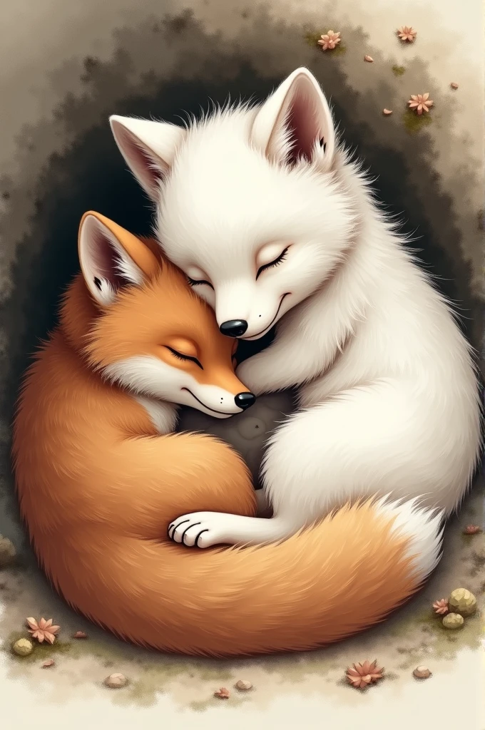 Dessin réaliste d'un bébé loup blanc et d'un bébé renard blotis l'un contre l'autre en train de dormir